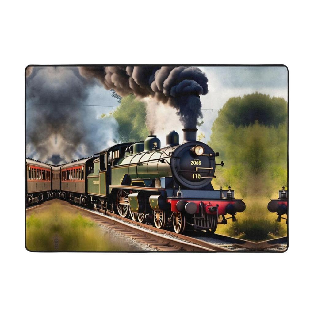Zug Bereichsteppich für Mädchen Jungen Retro Dampfmaschine Teppich Eisenbahngleis Transport Fußmatte 3D Vintage Fahrzeuge Wohnzimmer Fußmatte