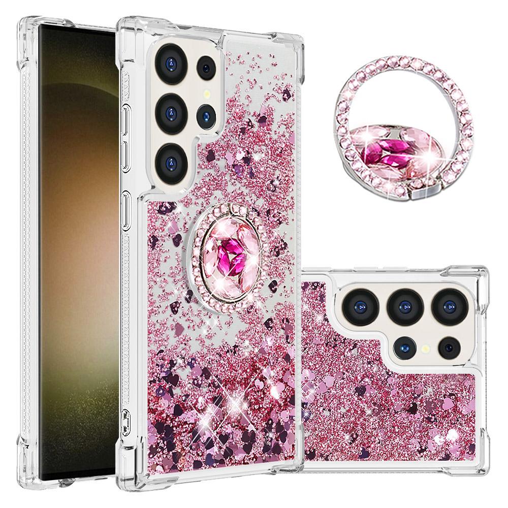 

For Samsung Galaxy S24 Ultra TPU Case with Kickstand Quicksand Shockproof Cover Rose Gold/Hearts