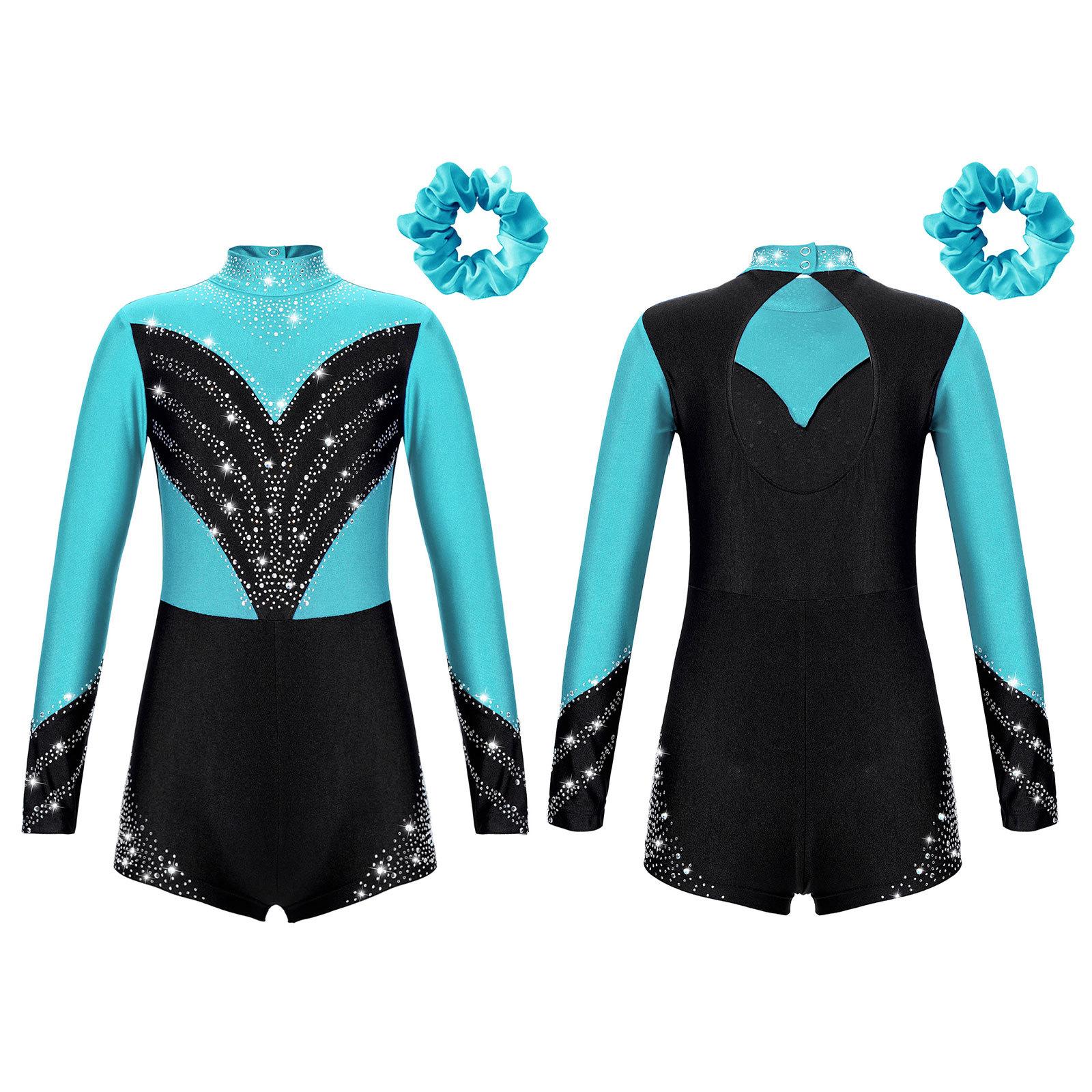 

Комбинезон для девочек с длинными рукавами и блестящими бриллиантами, гимнастический балетный танцевальный купальник, спортивный костюм для бикетера с резинкой для волос, головной убор 5-6 Years