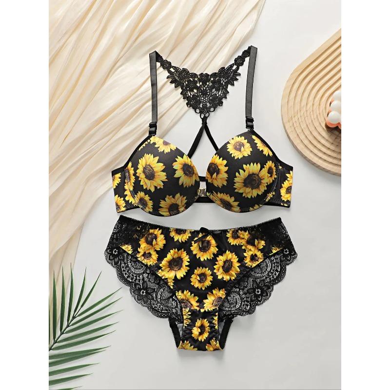 Damen sexy Dessous-Set mit Frontverschluss, Chrysanthemenmuster und Stahlbügel Push-Up-Unterwäsche-Set A3116