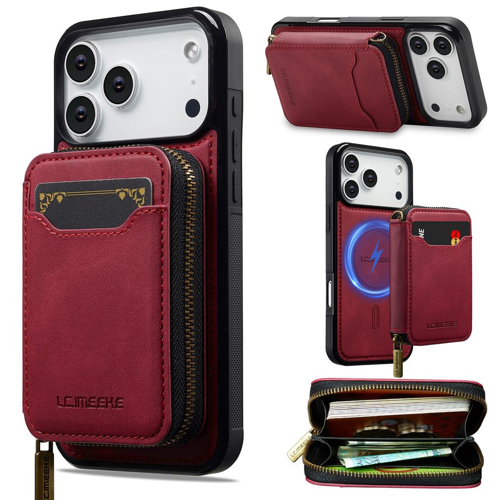 Custodia in Pelle 2 in 1 Staccabile Magnetica con Cerniera e Porta Carte per iPhone 17 Pro Max 16 Plus 15 14 13 12 Per Copertura Borsa Magsafe