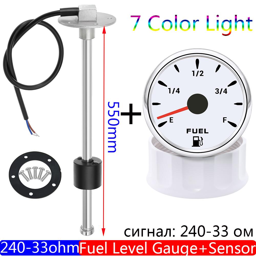 Waterproof 7 Color Backlight 52mm Fuel Level Gauge 240-33ohm Fuel Level Sensor 100~550mm for Car Marina Boat Yacht 12V24V