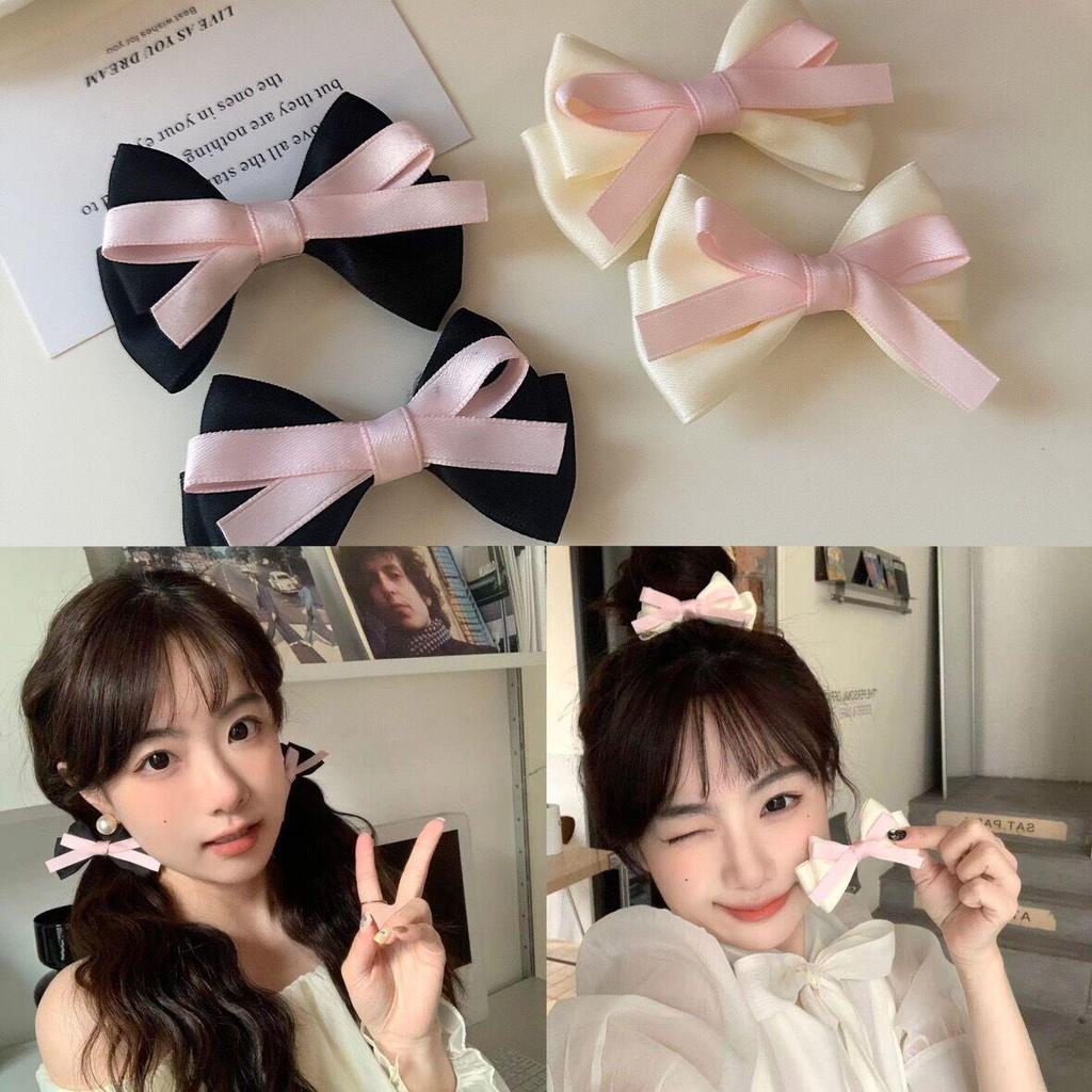 Sweet Pink Ribbon Bow Hairpin: New Korean Black Duckbill Clip for Girly Bangs