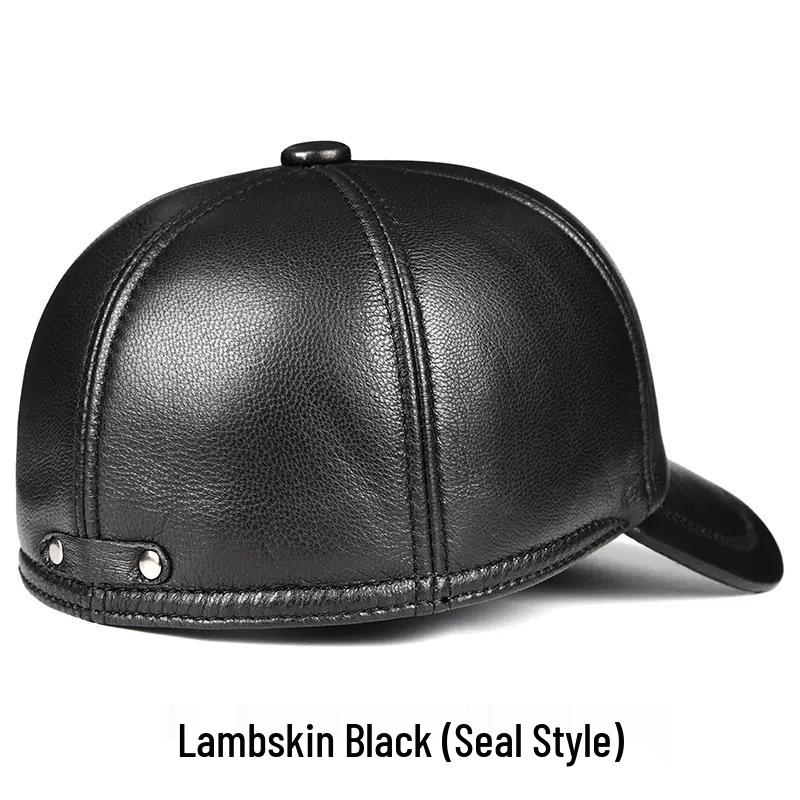 Men's Sheepskin Duckbill Cap - Genuine Leather, Casual, for Autumn/Winter, Adjustable Back Closure, Middle-Aged and Elderly 