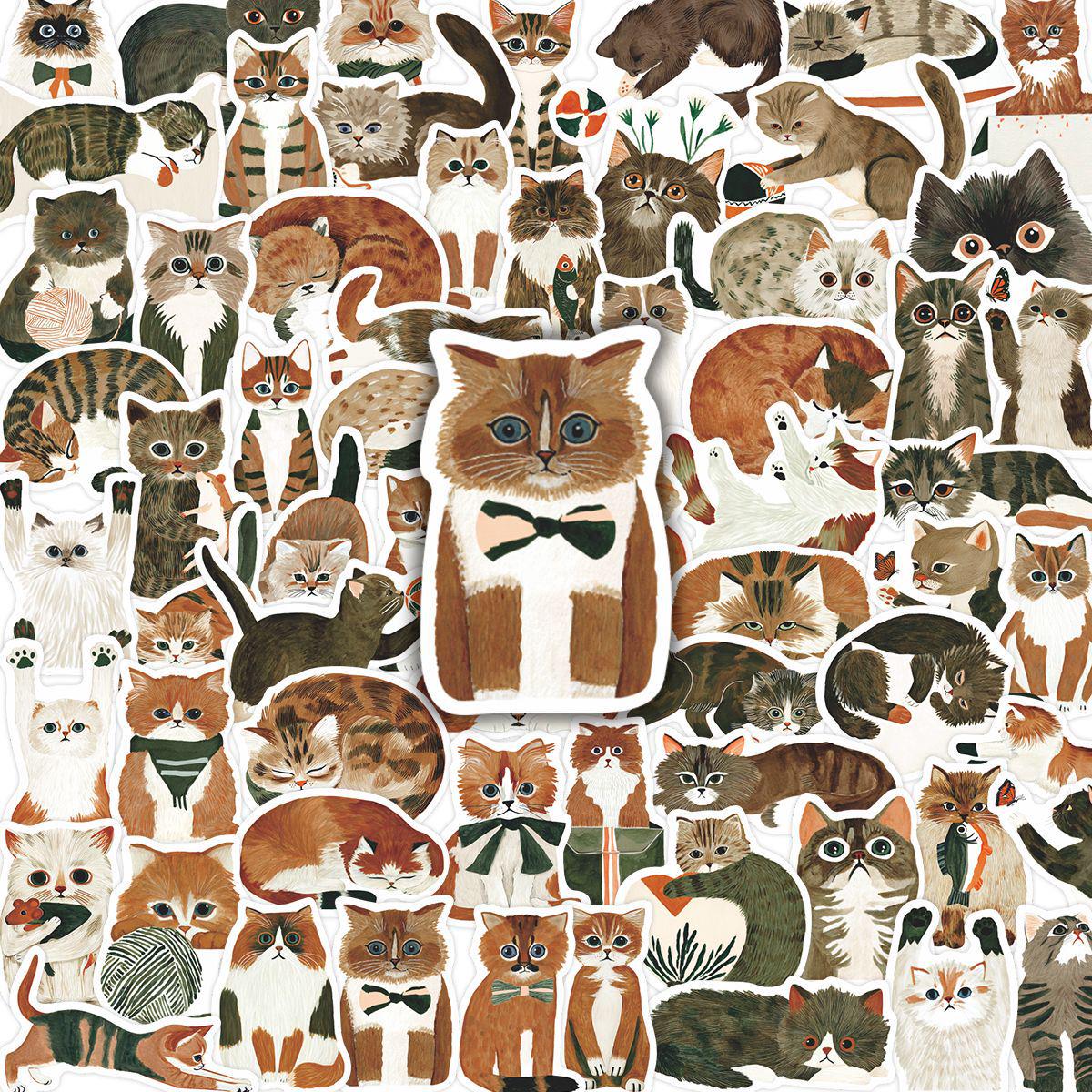64 Artistic Hand-painted Cat Stickers: Healing Cute Journal, Notebook Decoration, Cultural Creative Design No