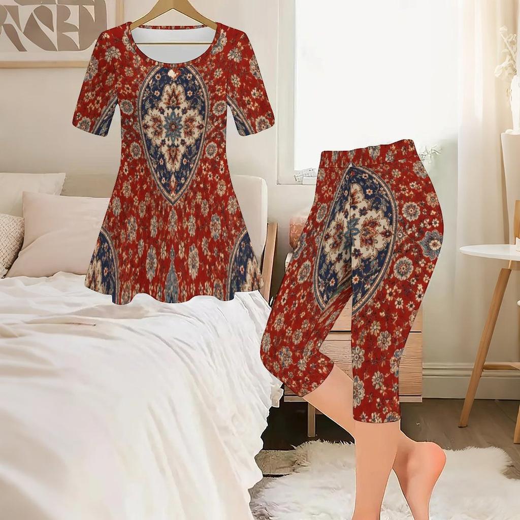 Women Plus Size Blue Black Printed Round Neck Short Sleeve Flared Top Capri Pants Two Piece Set