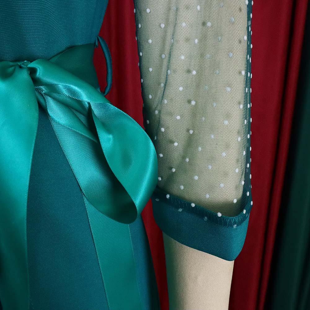 Large Size Women's Fashion Spring Autumn V Neck Mesh Dress Ladies One Piece Polka Dot Slit Dress