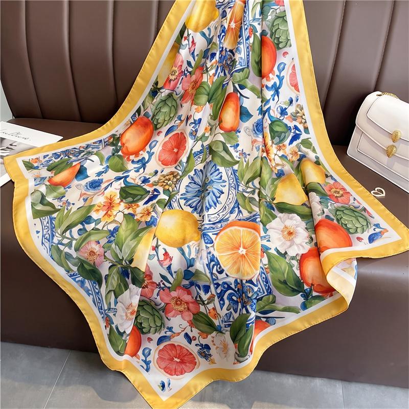 Nouvelles Bandeaux en Soie à Imprimé Mode Été Foulard Citron Bandanas Élégants pour Femmes Foulard de Cou Bandeaux pour Cheveux Foulard Foulards Féminins 90x90cm