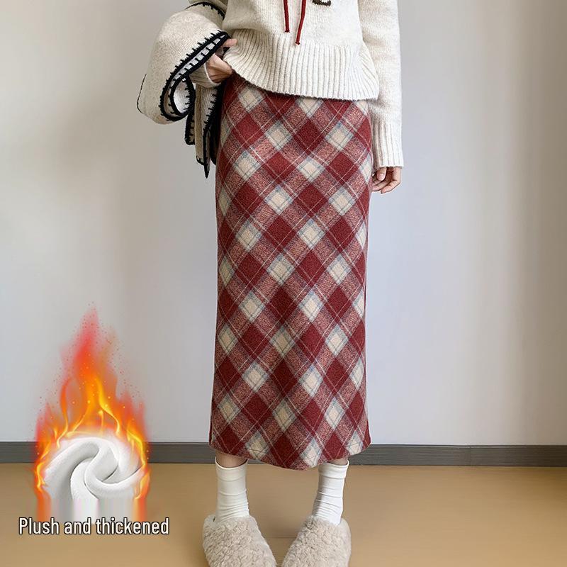 Roter Retro-Woll-Karo-Rock mit Schlitz - Herbst/Winter Beflockter, formender Hüftwickelrock