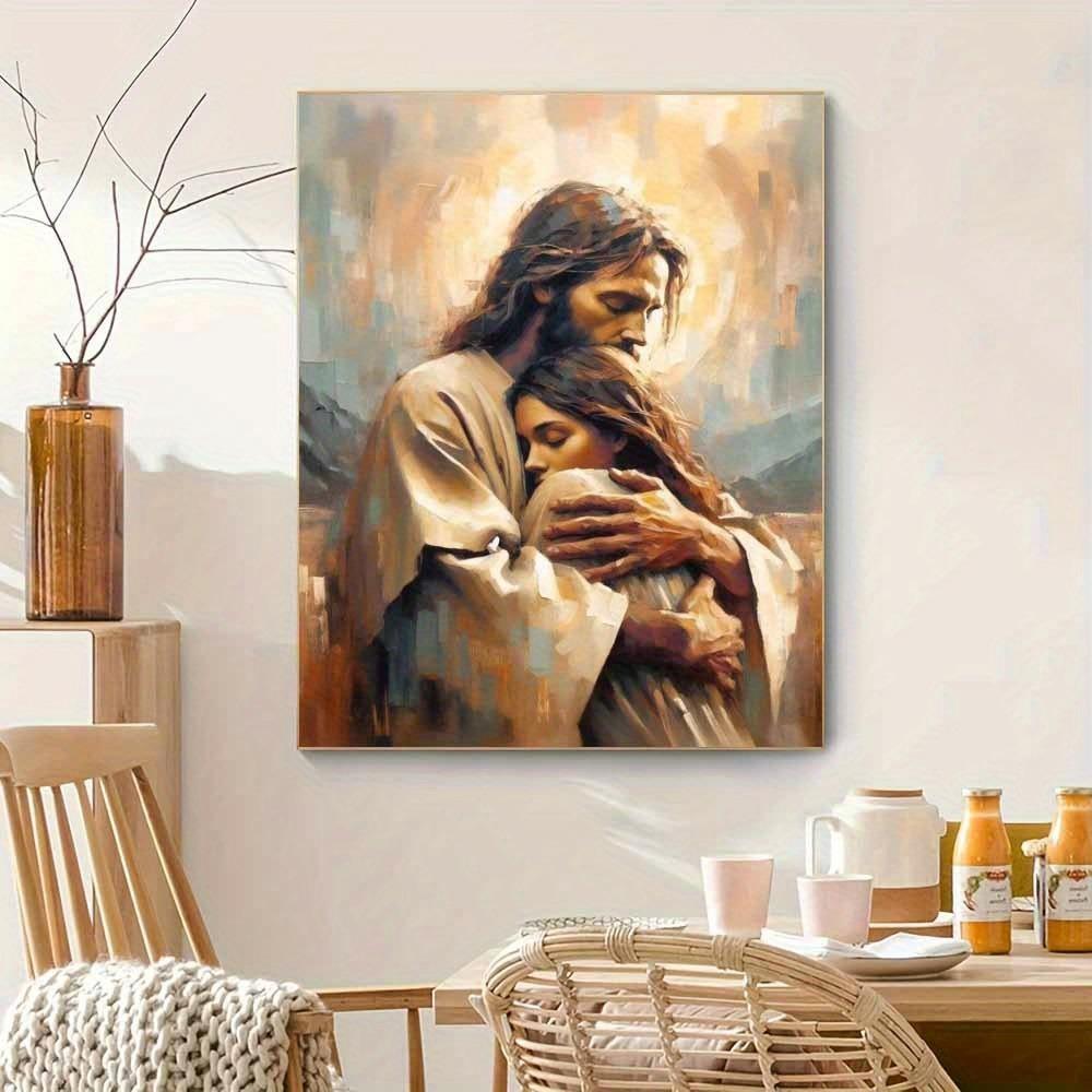 Jezus Houdt Van Jou Canvas Schilderij - Hedendaagse Christelijke Wandkunst Geschikt voor Woondecoratie, Religieus Cadeau met Serene Jezus Scène & Warme Kleuren