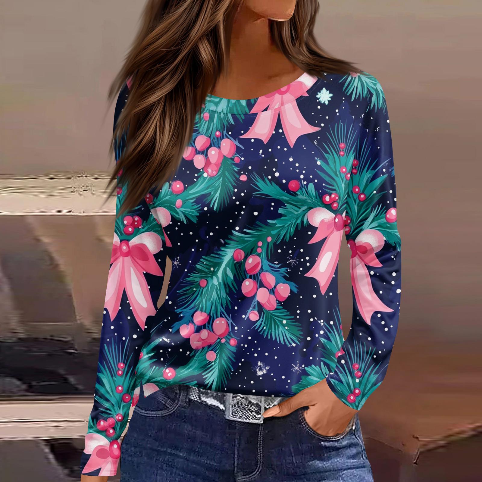 

Women s Fashion Casual Slit Hem Round Neck Long Sleeve Loose Christmas Printed T-Shirt Ladies Top S