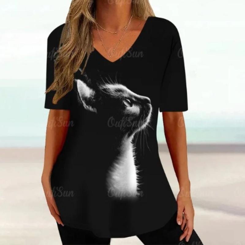 Summer V-neck 3D Cartoon Cat Printed Top Fashionable Casual Short Sleeved Women's T-shirts
