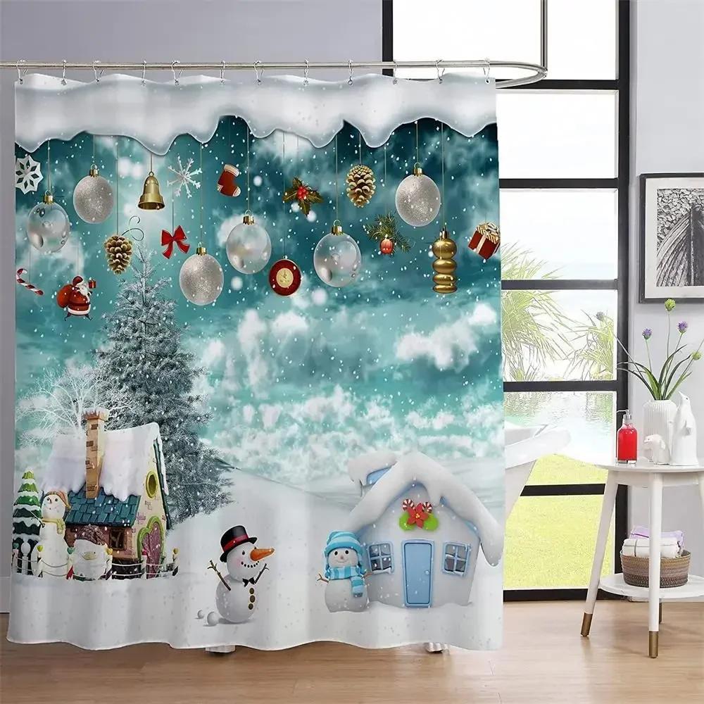 Cute Christmas Snowman Shower Curtains Xmas Tree Balls Green Pine Branches Winter Snow New Year Home Bathroom Decor Set Fabric
