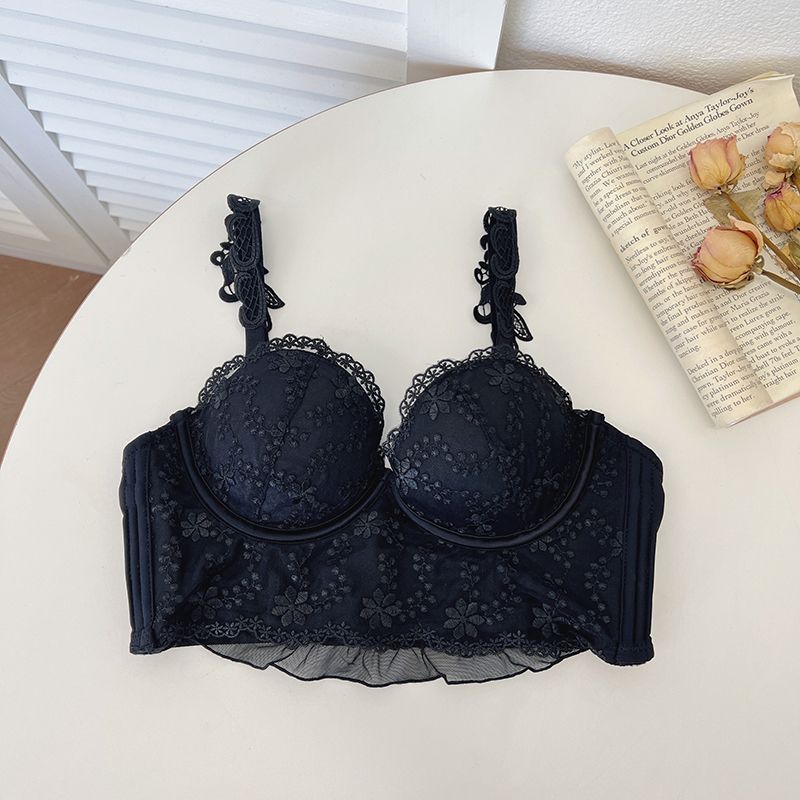 

Кружевные длинные бюстгальтеры для девочек Y2K топы пуш-ап нижнее белье беспроводное для большой груди модное сексуальное женское белье слинг без спинки 34/75AB чёрный