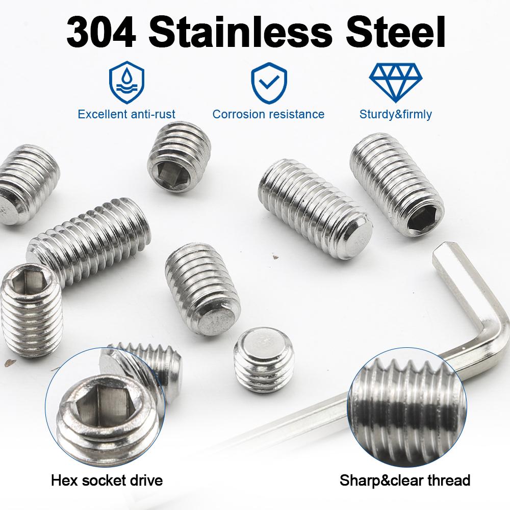 NINDEJIN Flat Point Set Screw Assorment Kit Stainless Steel M2-M10 Hexagon Socket Headless Set Grub Screw Kit with Hex Key