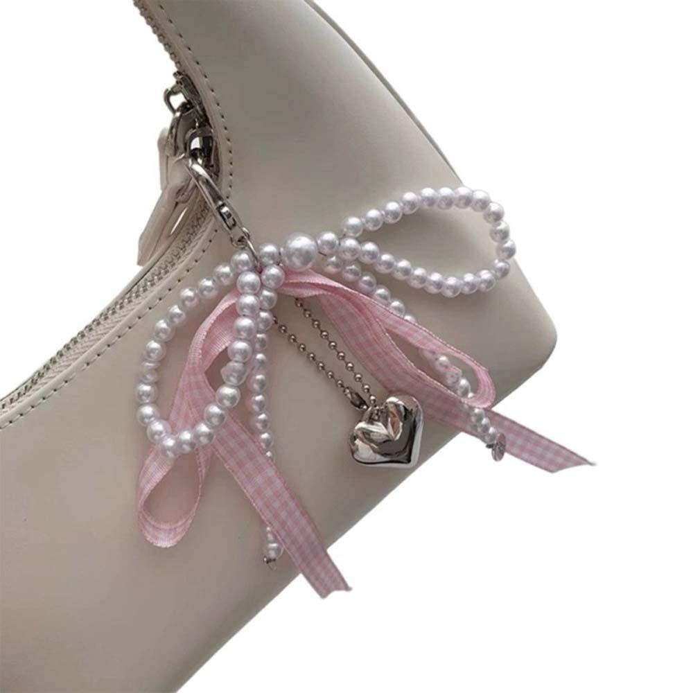 Bag Pendant Balletcore Keychain Pearl Phone Pendant Plaid Ribbon Bow Key Chain  Backpack Decor