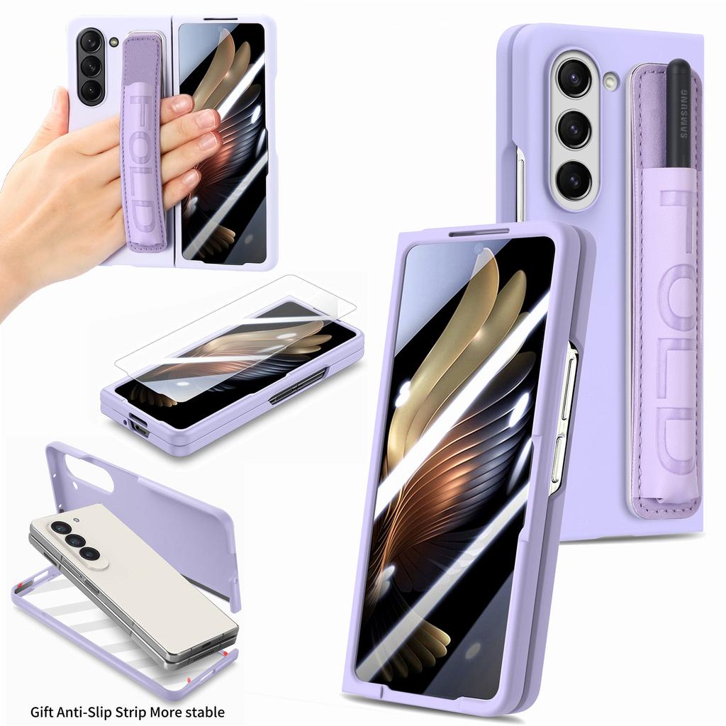 For Samsung Galaxy Z Fold6 5G Case Wristband Pen Slot Leather+PC Phone Cover with Screen Film