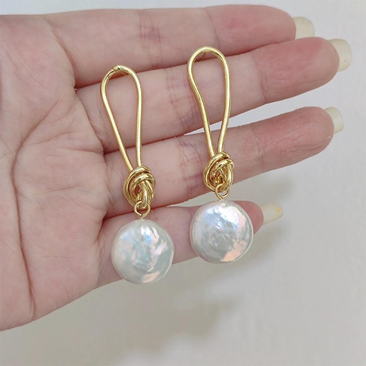 Дизайнерские серьги-пусеты с узлом из неправильного натурального барочного дискового жемчуга, длинные серьги-пуговицы, холодный инс Silver needle