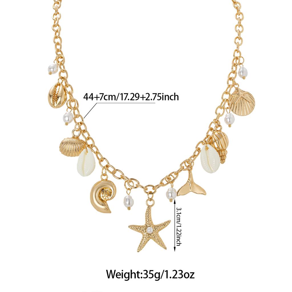 Women's Gold Thick Chain Starfish Shell Pearl Choker, Versatile Vacation Style Clavicle Necklace for Seaside