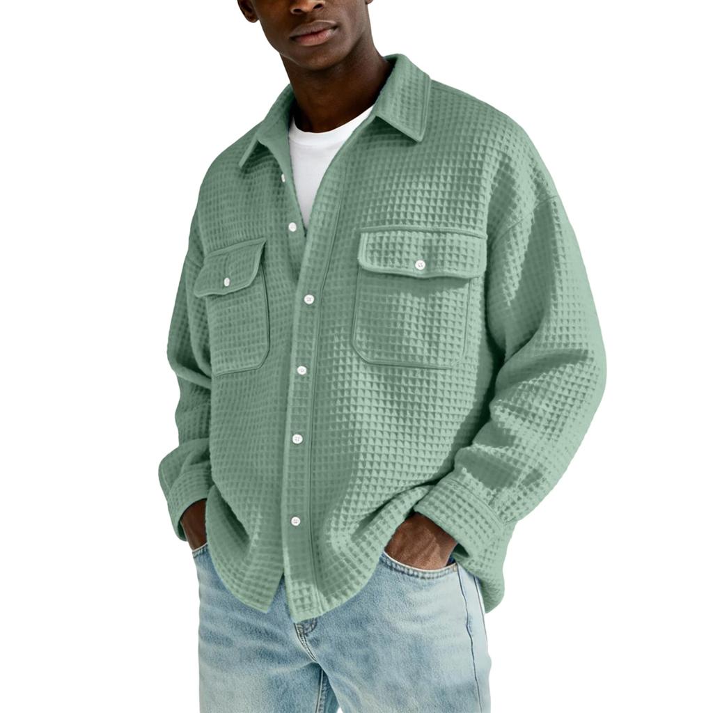 Camisa casual de manga larga con botones y bolsillo para hombre