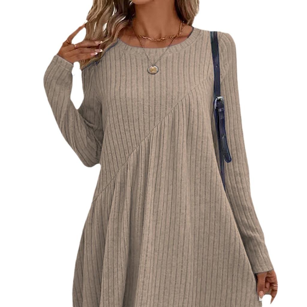 Rochie Midi Tricotată cu Coaste Albastru Negru Burgundiu Bej Mânecă Lungă Gât Rotund