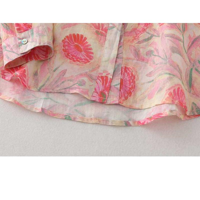 Autumn Pink Floral Shirt Linen Small Shirt French Literary Printing Shirt All-match Women