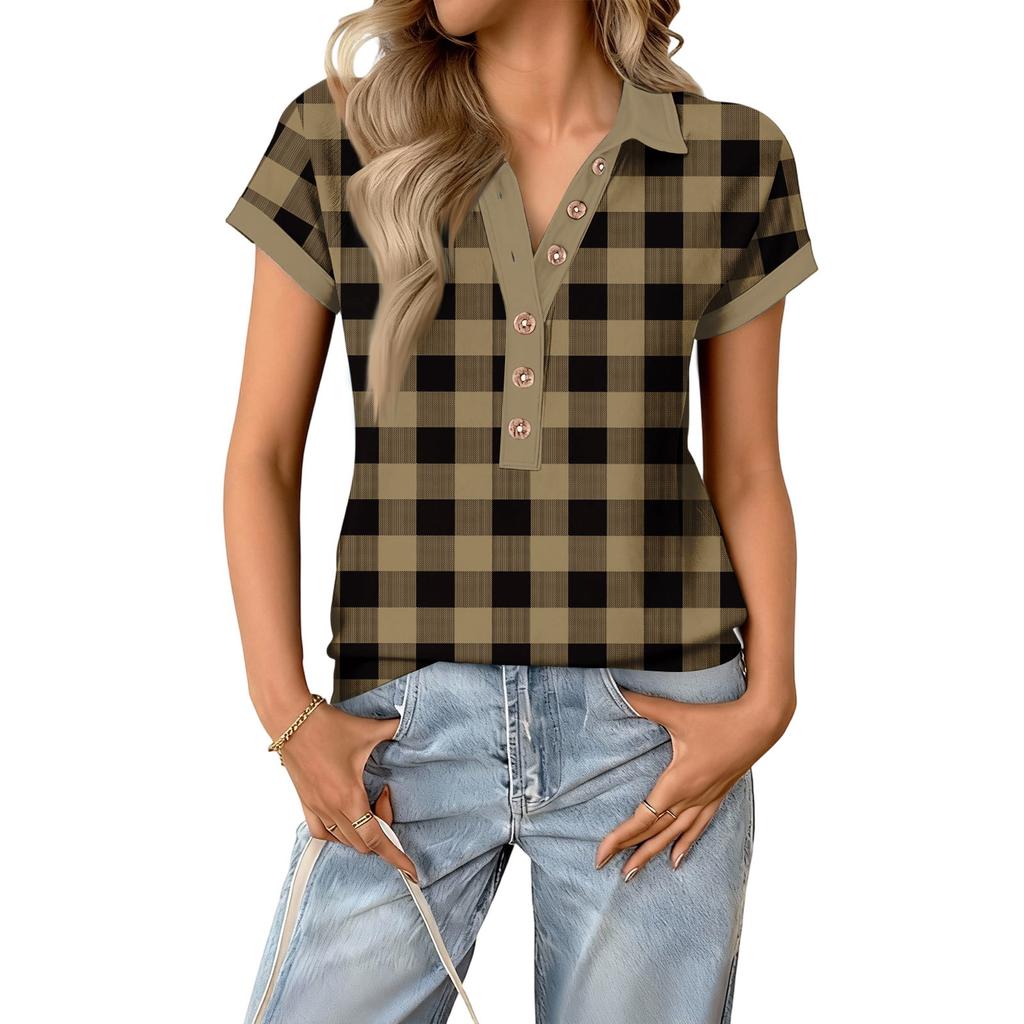 Women's Fashionable and Casual Summer V,neck Patchwork Short,sleeved Plaid Print Top