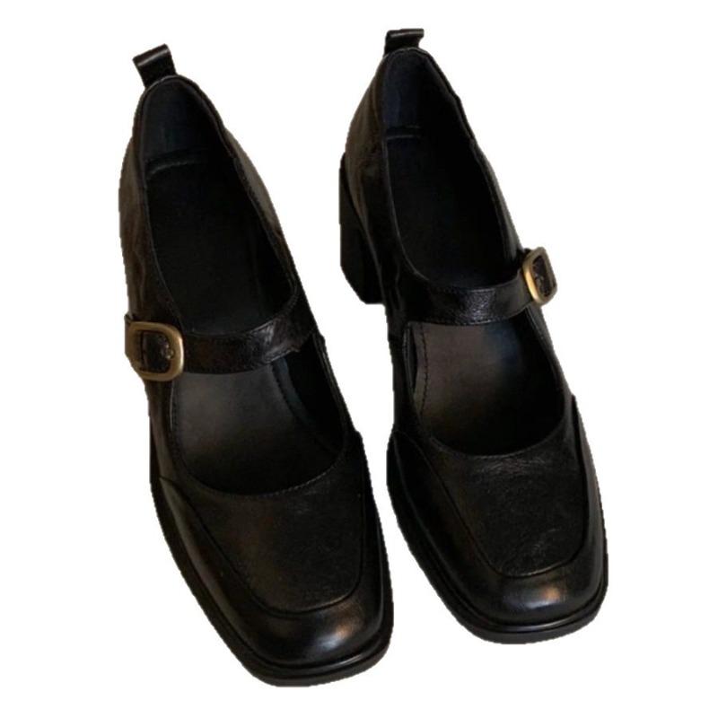 Soft Leather Retro Single Shoes for Women with Thick Heels, Not Tiring On The Feet, Square Toe Shoes