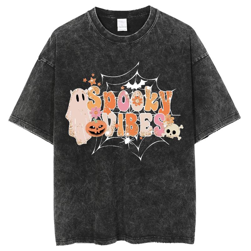 SPOOKY VIBES Monogram Print Halloween Women's T-Shirt Summer Unisex Wash Cotton Short Sleeve Loose Top American Vintage
