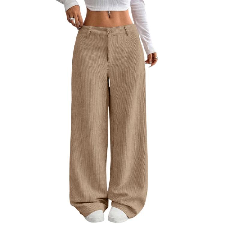 Pantaloni a Coste da Donna Larghi Comodi Casual Vita Elastica Gamba Dritta Con Tasche