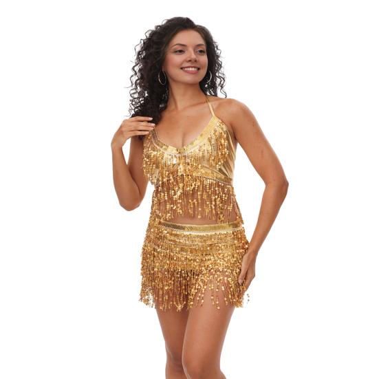 Belly Dancer Outfit Sequin Tassel Bra Top with Fringe Hip Scarf Set Sparkling Rave Party Costume for Women Girls