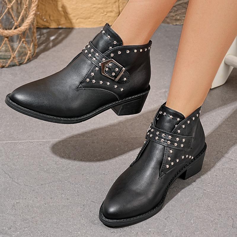 Damen Weite Weite Runde Zehenpartie Klobiger Absatz Martin Stiefel - Western Stiefeletten mit Schnallen- & Nieten-Details für Herbst/Winter