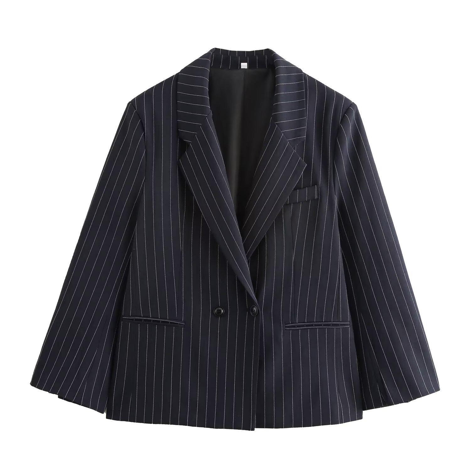 

Chic Black Striped Boyfriend Blazer – European/American Style, Loose Silhouette for Autumn L