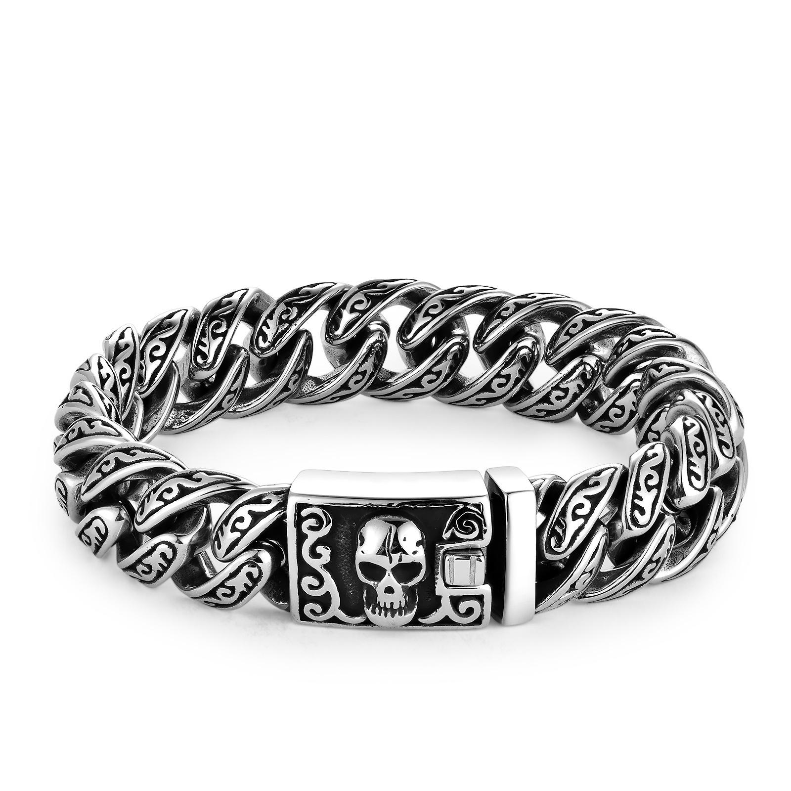 Personalized Punk Men s Stainless Steel Trend Jewelry Domineering Retro Pattern Titanium Steel Skull Bracelet