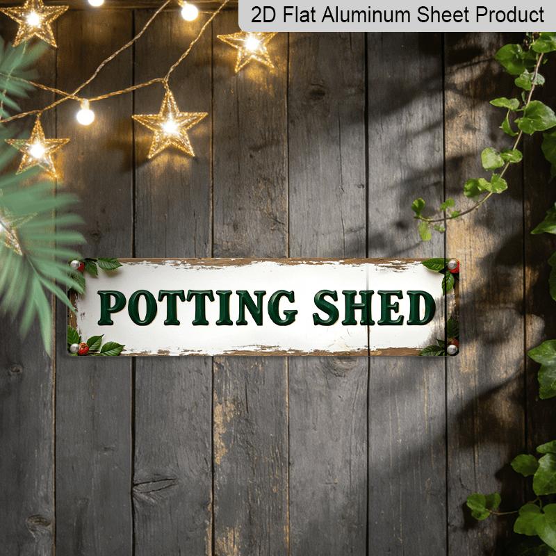 2D Flat, 1pc, 3.94 X 15.74 Inches Aluminum Decorative Sign - Vintage-Style Potting Shed Sign, Featuring A Rustic Green and White Decorative Plaque