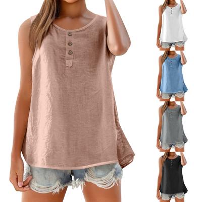 Chaleco sin mangas de algodón y lino trenzado con botones, informal, holgado, de color para mujer