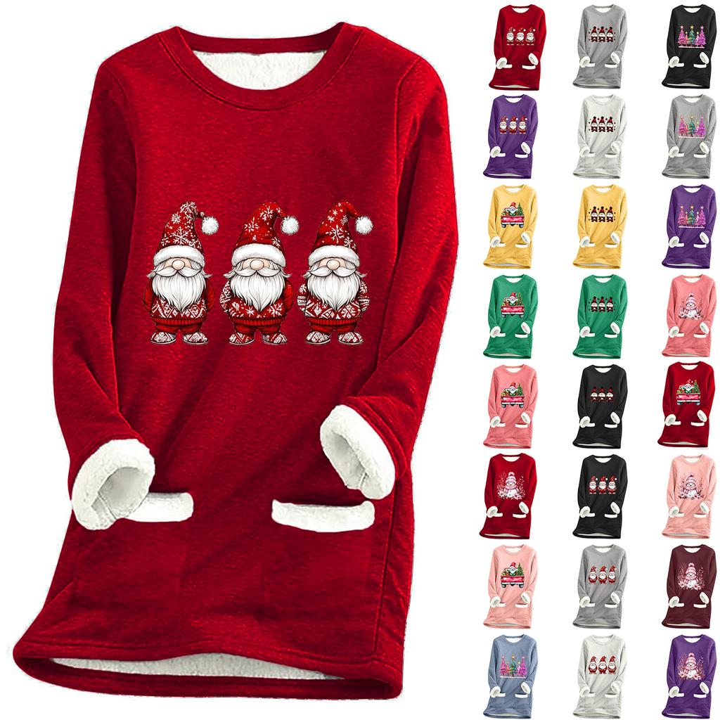 Ladies' Loose And Comfortable Round Neck Christmas Print Thick With Pockets Long Sleeved Top