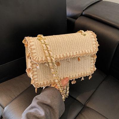 Women Straw Shoulder Bag with Chain Stylish Knitting Sling Bag Large Capacity Shell Tassel Satchel Bag Summer Seaside Beach Bag