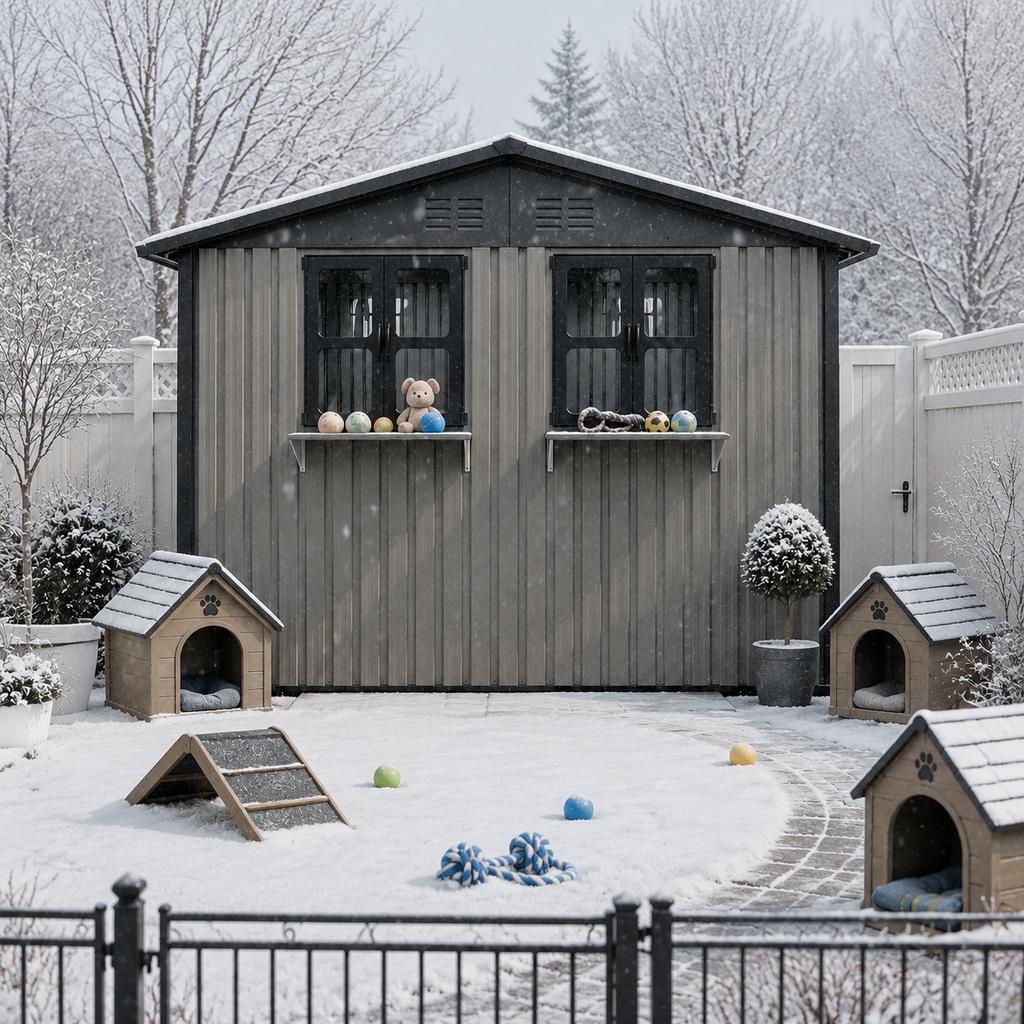 Galvanized Steel Garden House 254.2x170.2cm (4.33 m²), Brown, with Two Openable Double Windows, Lockable Double Doors and Decorative Flower Rack