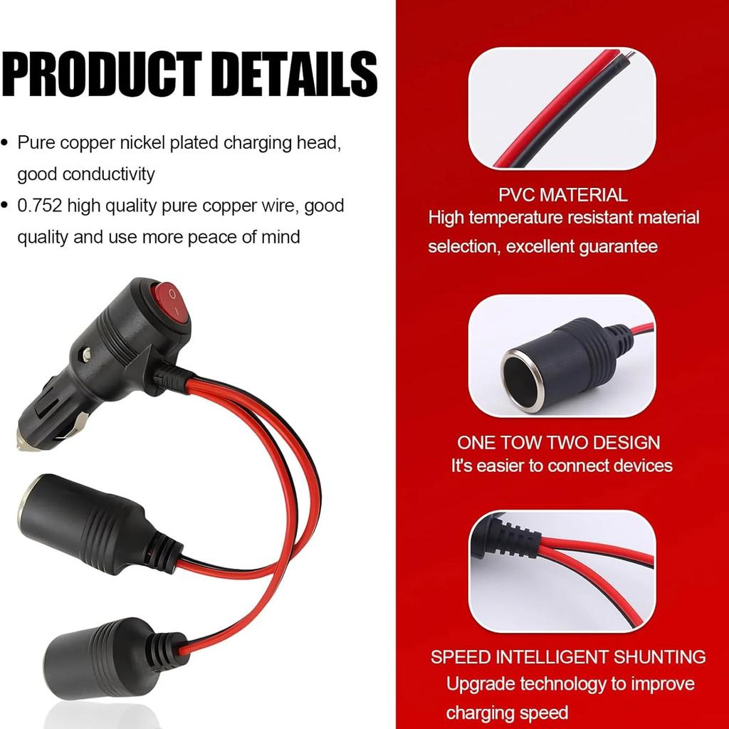 Car Lighter With  One Point Two Female Female Connector Car Lighter Double Socket Extension Cable