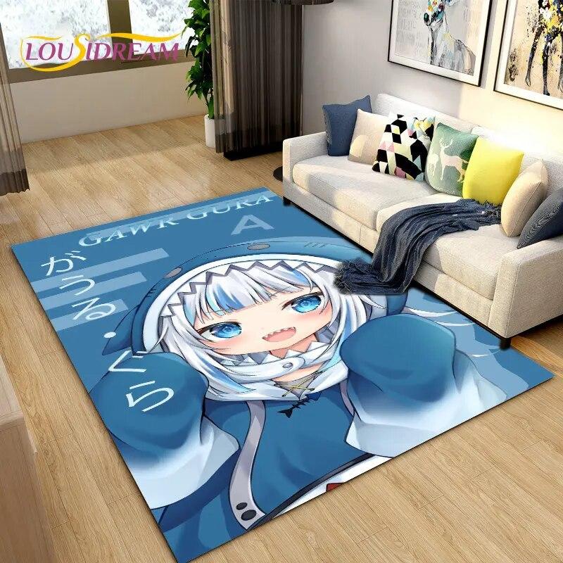 Cute Anime Gawr Gura Hololive Shark Area Rug,Carpet Rug for Living Room Bedroom Sofa Doormat Decoration, Kids Non-slip Floor Mat