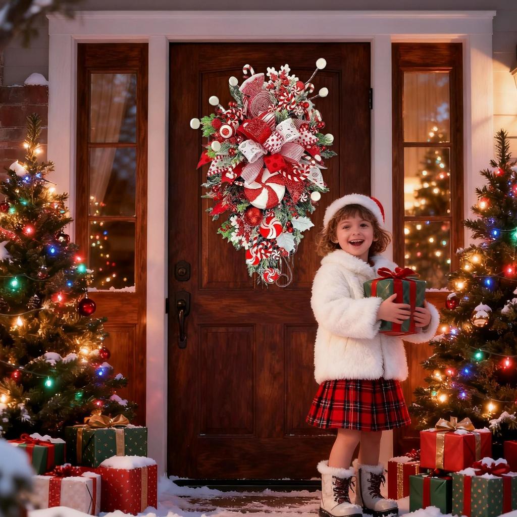 2025 Christmas Door Wreath Red And Candy Cane Teardrop Ornaments With Balls For Home Outdoor Decoration Christmas Flower