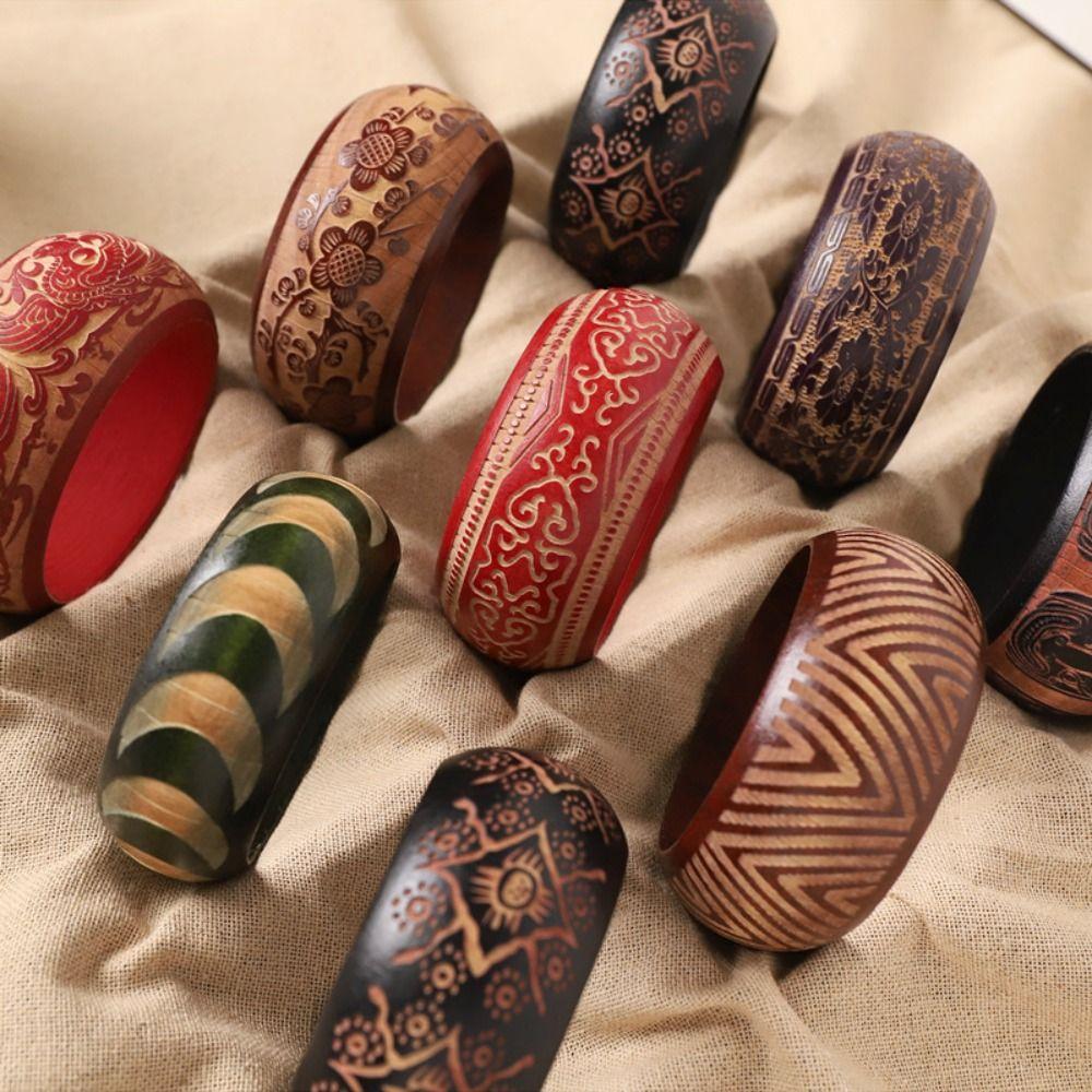 Wide Carving Wooden Bangle Retro Ethnic Style Bangle Gift Chinese Style Bracelet  Wrist Bracelets