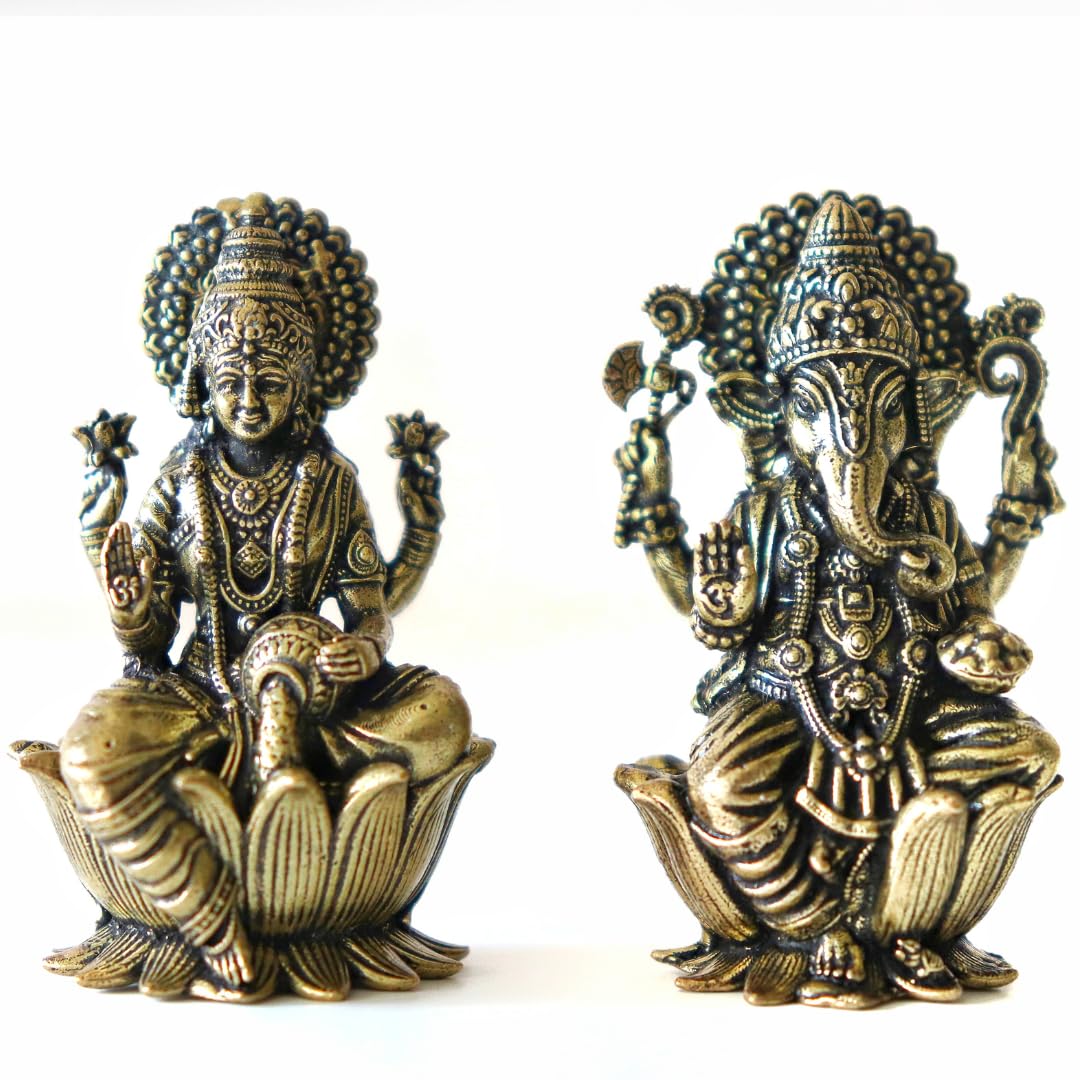 

Pure Brass Lakshmi Devi & Ganpati Idol, God Goddess, Gold, Small Size - 2 Inch