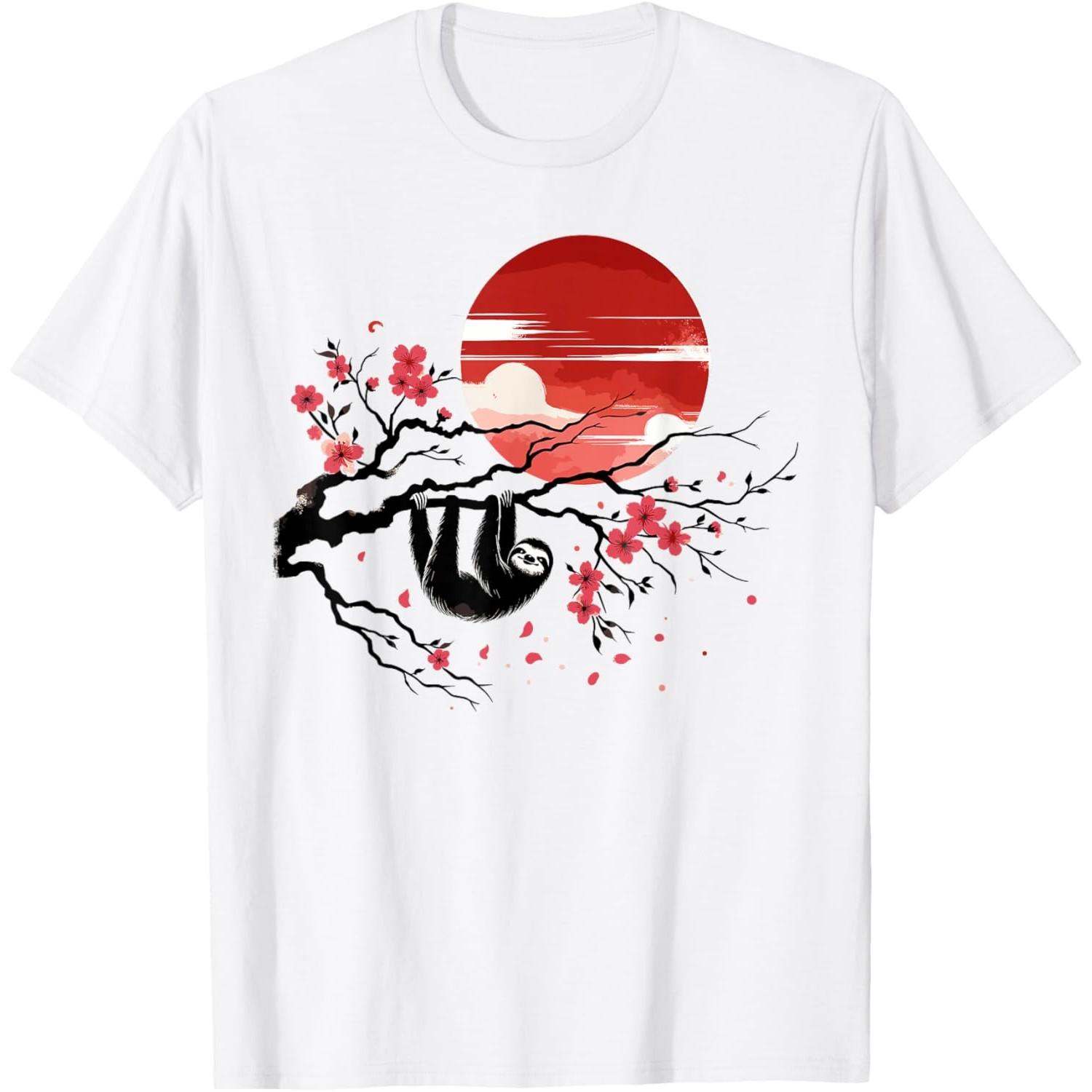Sloth Hanging On Sakura Branch Graphic Tee Japanese Aesthetic Print for Men S