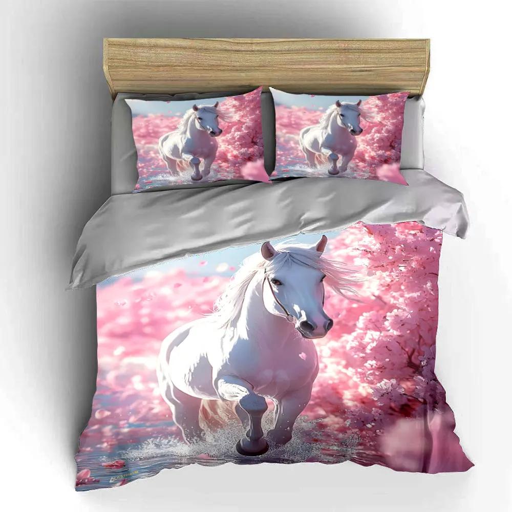 White Horse Sakura Scene Decor Soft Comfortable Duvet Cover Bedding Set Included 1*Duvet Cover & 2*Pillowcases gift