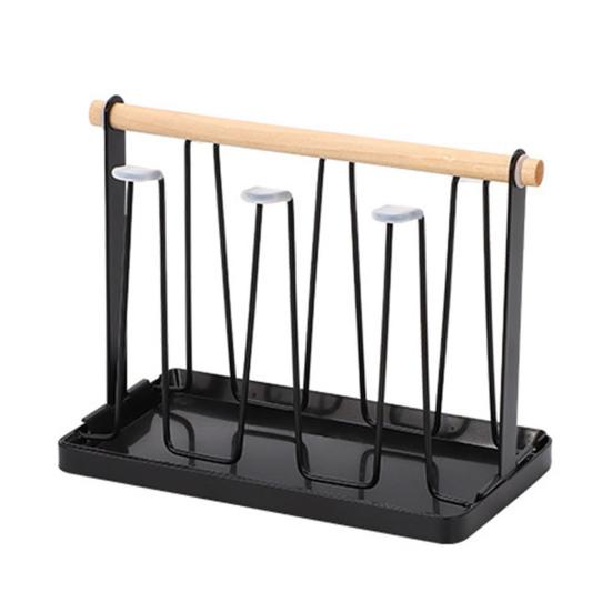 Iron Cup Drying Rack with Wood Handle & Drip Tray Baby Bottle Dryer Holder Space-Saving Countertop Organizer for Mugs