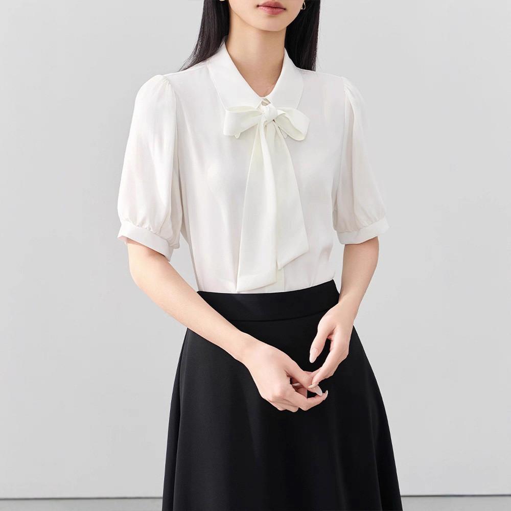 French Style White Butterfly Tie Blouse With Detachable Sash For Elegant Workwear