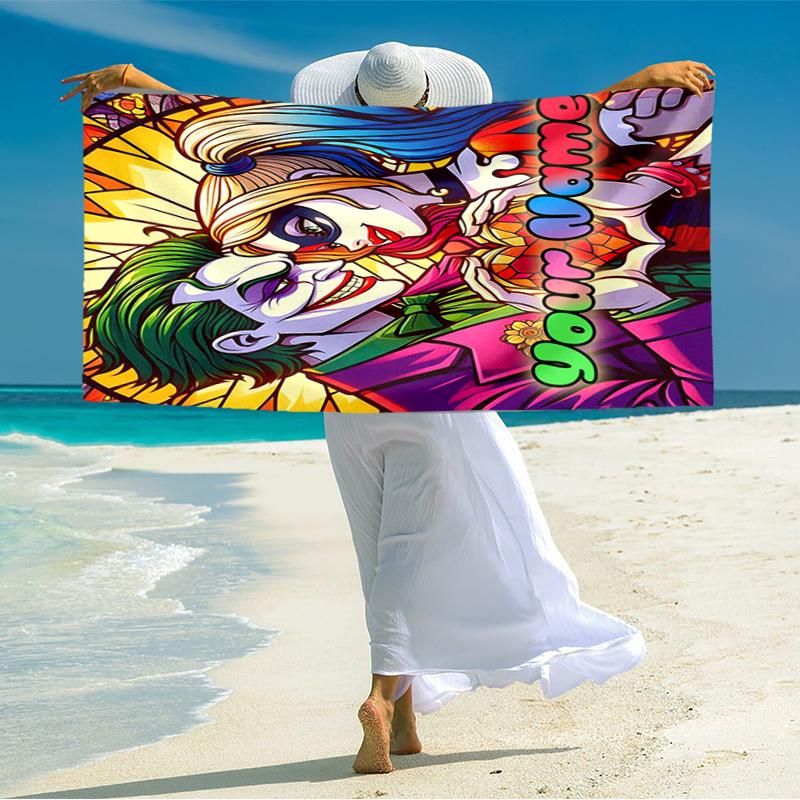 1PC Custom Name "Joker Harley's Love Story" Beach Towel Highly Absorbent And Sand-Resistant Towel for Swimming, Pool, Yoga, And Travel Lightweight