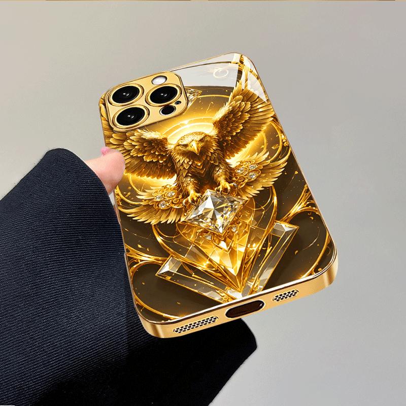 Custodia per telefono in vetro placcata elettroliticamente di alta qualità per iPhone 17, 16, 15, 14, 13, 12, 11pm Pro Plus. Design di lusso di alta gamma con aquila dorata.